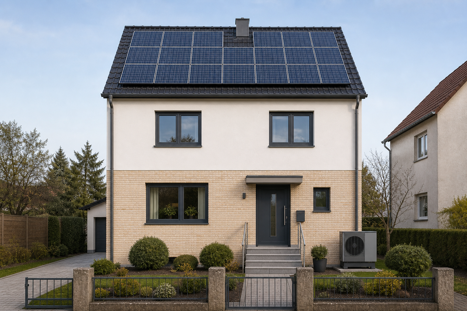 Dasselbe Wohnhaus nach der Sanierung, neuer Putz, anthrazitfarbene Fenster, Klinkerriemchen-Sockel