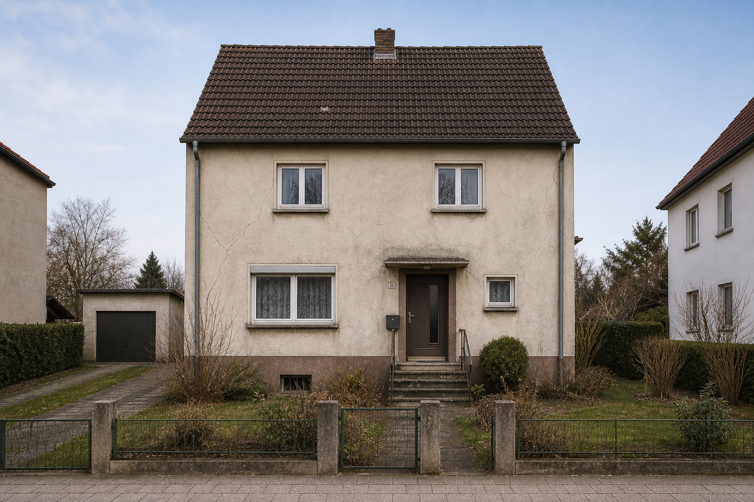 Wohnhaus vor der Fassadensanierung, unsanierter Putz, Risse, alte Farbe